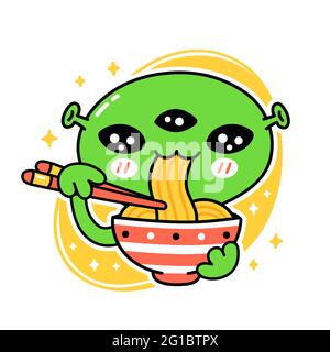 Cute funny eat noodles from bowl. Vector hand drawn cartoon kawaii character illustration icon. Isolated on white background. Asian food, japanese,korean noodle mascot cartoon character concept Stock Vector