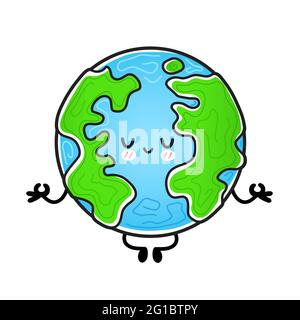 Cute funny happy Earth planet meditate in yoga pose. Vector hand drawn cartoon kawaii character illustration icon. Isolated on white background. Earth planet, ecology, eco mascot character concept Stock Vector