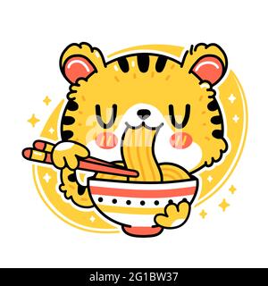 Cute funny tiger eat noodles from bowl. Vector hand drawn cartoon kawaii character illustration icon. Isolated on white background. Asian food, japanese,korean noodle mascot cartoon character concept Stock Vector