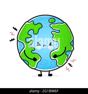 Cute funny sad Earth planet. Vector hand drawn cartoon kawaii character illustration icon. Isolated on white background. Earth planet, ecology, eco mascot character concept Stock Vector