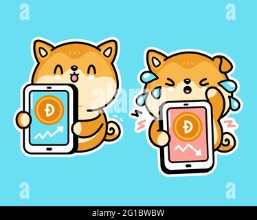 Cute funny akita inu dog with Dogecoin charts in smartphone phone character. Vector hand drawn cartoon kawaii character illustration. Crypto currency, dogecoin up and falling in charts character Stock Vector