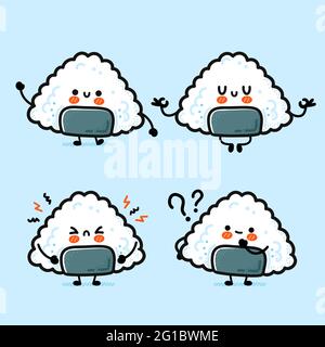 Cute funny happy and sad onigiri. Vector hand drawn cartoon kawaii ...