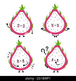 Cute funny dragon fruit set collection. Vector hand drawn cartoon kawaii character illustration icon. Isolated on white background. Dragon fruit, exotic food character bundle concept Stock Vector