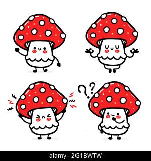 Cute funny happy amanita mushroom set collection. Vector hand drawn cartoon kawaii character illustration icon. Isolated on white background. Funny amanita mushroom mascot character bundle concept Stock Vector