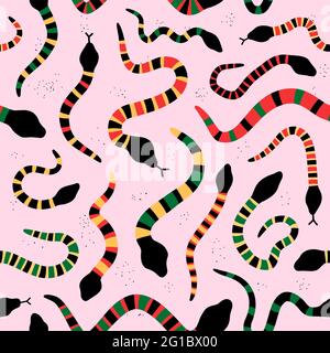 Colourful snakes on pink background seamless pattern. Vector hand drawn grunge style illustration icon. Different color snakes seamless pattern Stock Vector