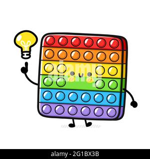 Cute funny Pop it fidget sensory toy with idea light bulb. Vector hand drawn cartoon kawaii character illustration. Pop it fidget kids sensory toy doodle cartoon character concept Stock Vector