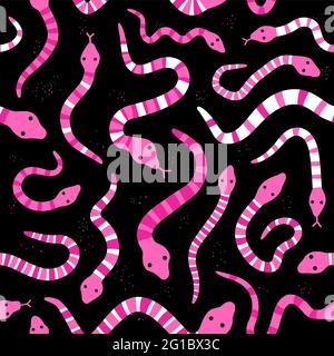 Pink snakes on black background seamless pattern. Vector hand drawn grunge style illustration icon. Different pink snakes seamless pattern Stock Vector