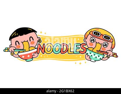 Cute funny young man and woman eat noodles from bowl. Vector hand drawn cartoon kawaii character illustration. Asian food, japanese,korean noodle mascot cartoon logo character concept Stock Vector