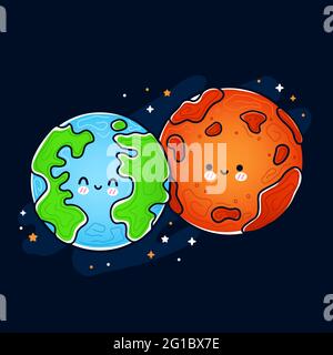 Cute funny happy Mars and Earth planet. Vector hand drawn cartoon kawaii character illustration icon. Space exploration, Mars and Earth planet character concept Stock Vector