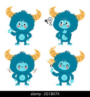 Cute funny yeti monster character set. Vector hand drawn cartoon kawaii character illustration icon. Isolated on white background. Yeti, Bigfoot baby cartoon character bundle collection concept Stock Vector