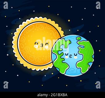 Cute funny Sun kiss Earth planet. Vector hand drawn cartoon kawaii character illustration icon. Sun and Earth mascot character concept Stock Vector