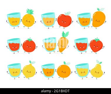 Cute happy fruits, vegetables and juice glass. Isolated on white background.Vector cartoon character hand drawn style illustration. Pear,strawberry,tomato,apple,orange, mango cartoon character concept Stock Vector