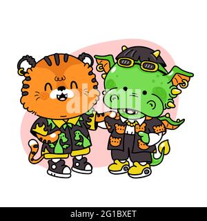 Cute funny tiger and dragon friends. Vector hand drawn cartoon kawaii character illustration icon. Isolated on white background. Tiher and dragom cartoon character concept Stock Vector