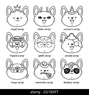 Cute happy corgi dog face set collection. Vector line cartoon kawaii character icon. Hand drawn style illustration. Isolated on white background. Corgi puppy pet bundle for coloring book page concept Stock Vector