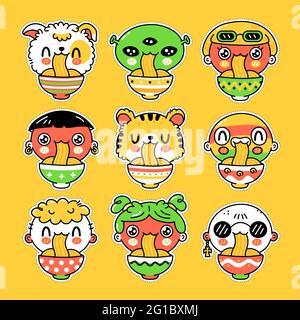 Cute funny people eat noodles from bowl set collection. Vector hand drawn cartoon kawaii character illustration sticker set. Asian food, japanese kids noodle mascot cartoon character bundle concept Stock Vector