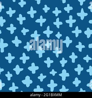 Vector doodle plus signs repeat pattern. Navy blue hand drawn seamless background. For fabric, wrapping, invitations, card, scrapbooking or wallpaper. Stock Vector