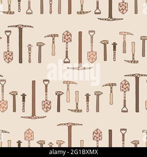 Vector doodle geological tools repeat pattern. Brown hand drawn hammer and pick seamless background. For scrapbooking, wallpaper, fabric, wrapping, invitations, card. Stock Vector