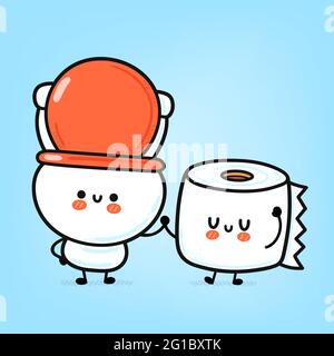 Cute funny happy white toilet bowl and paper roll. Vector hand drawn cartoon kawaii character illustration icon. Funny cartoon WC, toilet bowl and paper roll mascot character concept Stock Vector