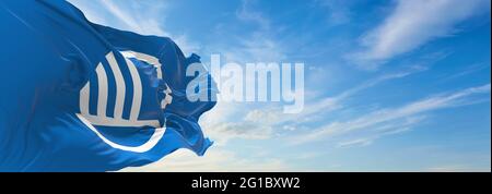Minsk, Belarus - May, 2021: Flag of Nordic Council waving in the wind at flagpole on background of blue sky. 3d illustration. Stock Photo