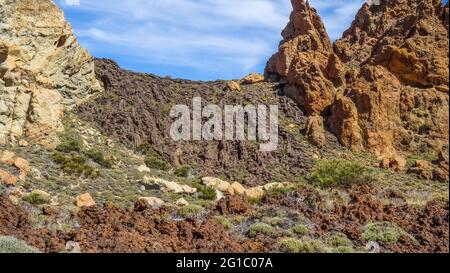 Cascade of pahoehoe lava La Cascada, in Teide National Park at roques de garcia, Tenerife, Spain Stock Photo