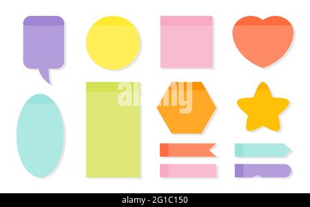 Memory notes planning sticker set. Template empty colored paper for notepad or task list. Different shapes as speech bubble, heart, round, star, square. Kit memo blank reminders. Vector illustration Stock Vector