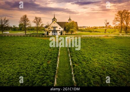 Aerial view of stables and fences at a horse farm in Lexington, Kentucky Stock Photo