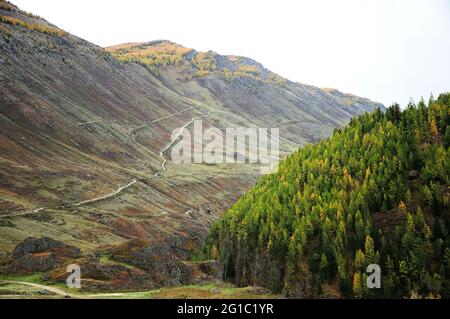 A narrow horse in the mountains with a path leading to the top. Mazhoi cascades, Altai, Siberia, Russia. Stock Photo
