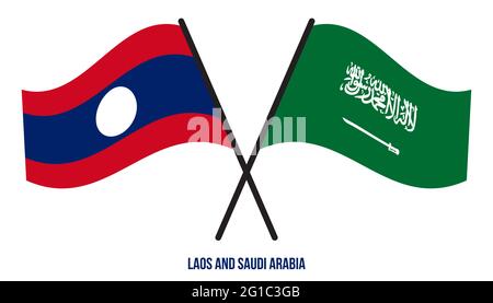 Laos and Saudi Arabia Flags Crossed And Waving Flat Style. Official Proportion. Correct Colors. Stock Vector