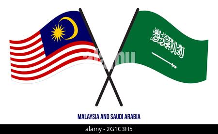 Malaysia and Saudi Arabia Flags Crossed And Waving Flat Style. Official Proportion. Correct Colors. Stock Vector