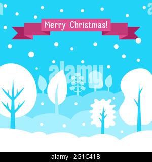 Merry Christmas card. White and blue trees layered background, purple ribbon with editable text. Snowdrifts and flying snowflakes. Greeting card. Vector flat style. Illustration for advertising. Stock Vector