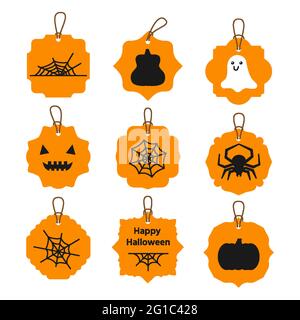 Stickers set with spider, cobweb variations, two pumpkin different shapes, cute white ghost, muzzle, face. Stickers and label. Vector flat. Horror halloween decor orange color. Spooky decoration. Stock Vector