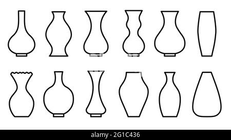 Vases black line outline symmetrical vector flat set. Icons for mobile applications and websites. Design element, decor object. Stickers and labels. For posters, banners, advertisements, logos. Stock Vector