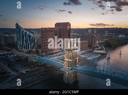 Roebling Suspension Bridge Connecting Cincinnati, Ohio to Covington in Northern Kentucky Stock Photo