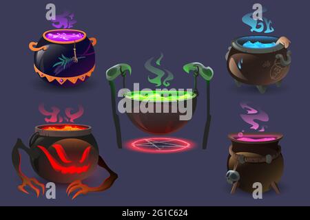 Witch cauldrons with magic potions and elixir boiling. Wizard pots with colorful liquid and smoke. Ui design elements for computer game, magician poison brew, decoction isolated Cartoon vector set Stock Vector