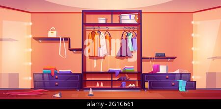 Modern walk in closet with mess, untidy woman clothes and shoes on wardrobe shelves and floor. Vector cartoon interior of empty cloakroom for apparel storage and dressing with big mirrors and hangers Stock Vector