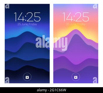 Smartphone lock screens, mobile phone onboard pages with gradient wallpaper, date, week day and time, abstract background for digital device, ui application template, user interface design mockup Stock Vector