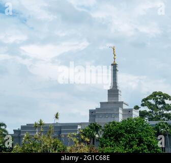 View of a Mormon temple from outside. This church is also known as the Latter Day Saint movement, their temple is a building dedicated to God. Stock Photo