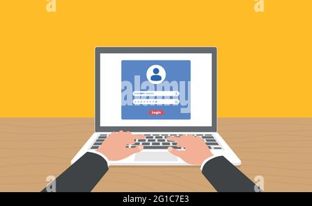 Log in account on the laptop. Hands on the laptop. Laptop with password notification and lock icon. Vector Stock Vector