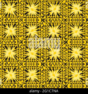 Vector yellow and black abstract daisy crocheted squares, basket weave seamless pattern. Suitable for textile, gift wrap and wallpaper. Stock Vector