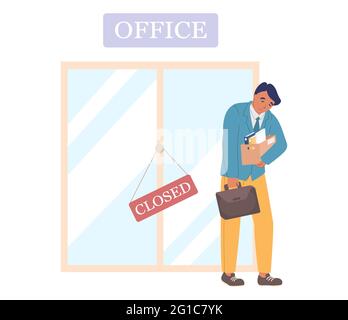 Employee leaving closed office, vector illustration. Dismissal, job loss, staff reduction, bankruptcy, economic crisis. Stock Vector
