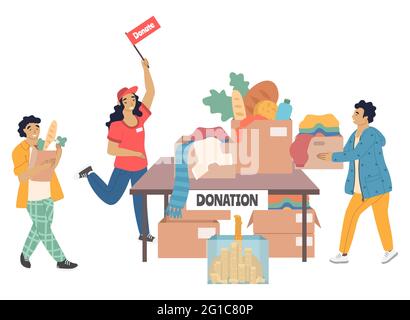 Volunteers collecting money, groceries, clothes for homeless, vector illustration. Volunteering, donation, food drive. Stock Vector