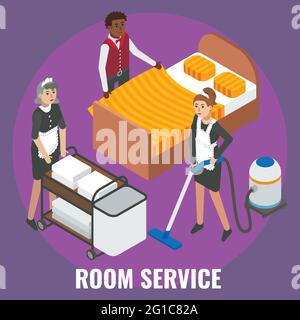 Hotel staff maid, cleaner characters making bed, cleaning room, flat vector isometric illustration. Hotel room services Stock Vector