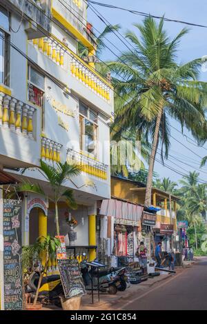 Colourful exterior of hotel with palm trees on main street, Agonda, Goa, India Stock Photo