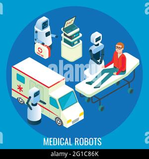 Hospital robots providing medical assistance to patients, vector isometric illustration. AI in healthcare and medicine. Stock Vector