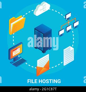 File hosting service flowchart, vector illustration. Isometric server racks, file folder, computer, email, cloud storage Stock Vector