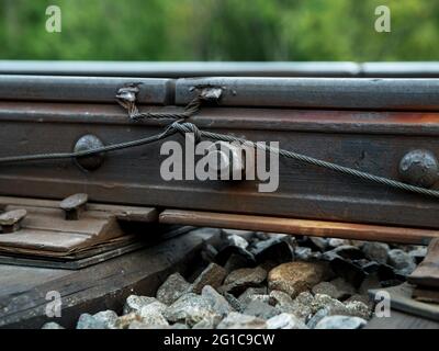 Technological joint of rails on railway track section. Stock Photo