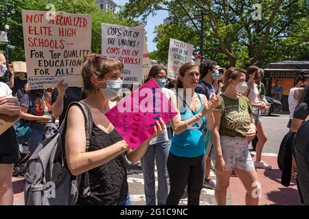 New York, United States. 05th June, 2021. Protesters from Black Live Matters and other groups hold placards outside the City Hall in lower Manhattan as they demand the removal of police officers from schools in New York City. Credit: SOPA Images Limited/Alamy Live News Stock Photo