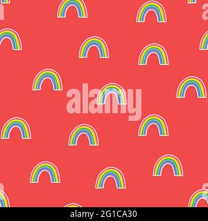 Trendy seamless pattern with colorful rainbow on pink background. Design for invitation, poster, card, fabric, textile, fabric. Cute holiday Stock Vector