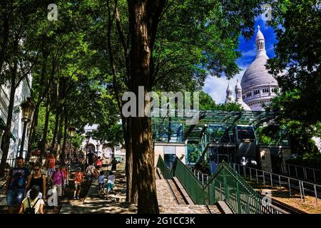 SACRE-COEUR BASILICA FROM FOYATIER SREET WITH STAIRCASE, THE FUNICULAR OF MONTMARTRE, PARIS, FRANCE Stock Photo