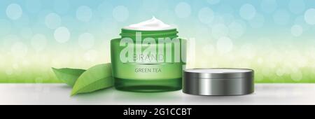 Cosmetic realistic vector background. Green glass jar with silver lid, green tea leaves and bokeh, organic cosmetics, natural cream or gel formula for skincare. Mock up banner for magazine or catalog Stock Vector
